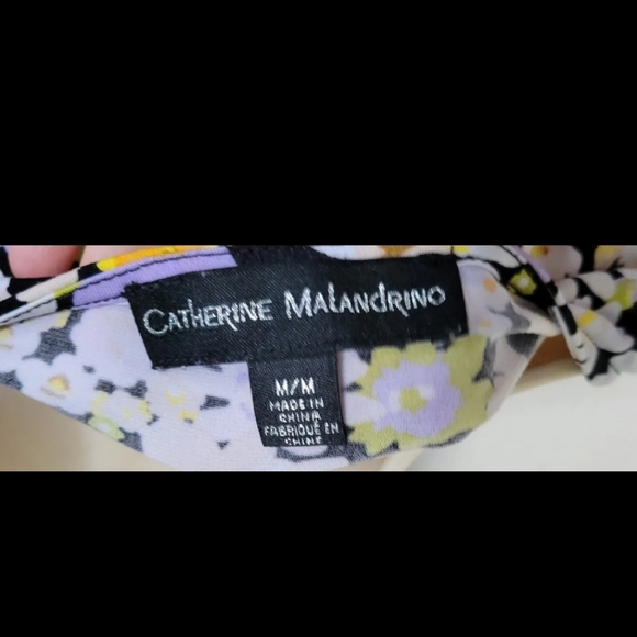 CATHERINE MALANDRINDO sz M black white purple floral print stretchy blouse top - Picture 4 of 8